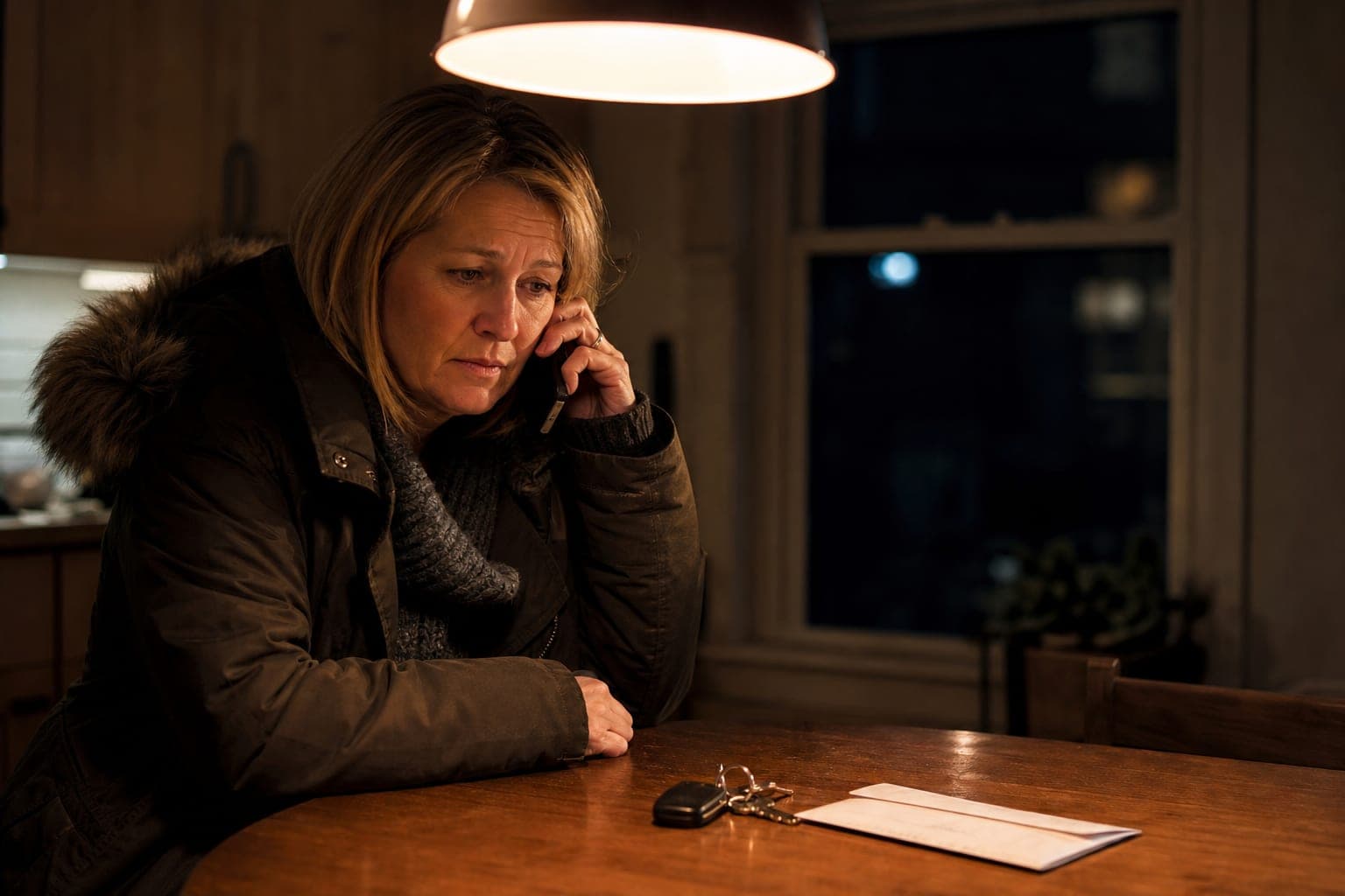 A worried mother sits at her kitchen table late at night with her coat still on, holding a phone to her ear.