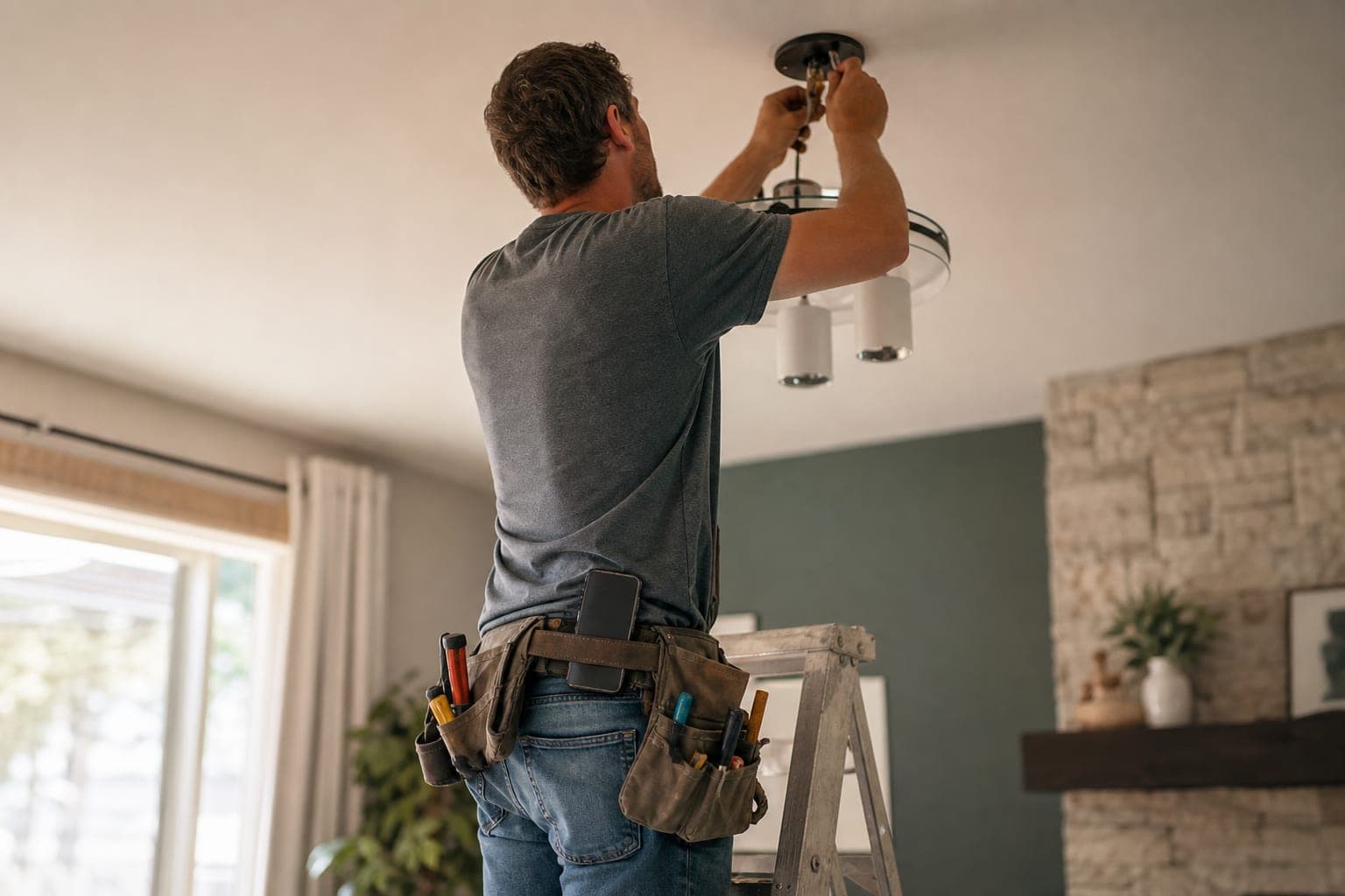 A solo handyman on a stepladder installs a ceiling light fixture in a bright living room, his phone tucked into his tool belt.