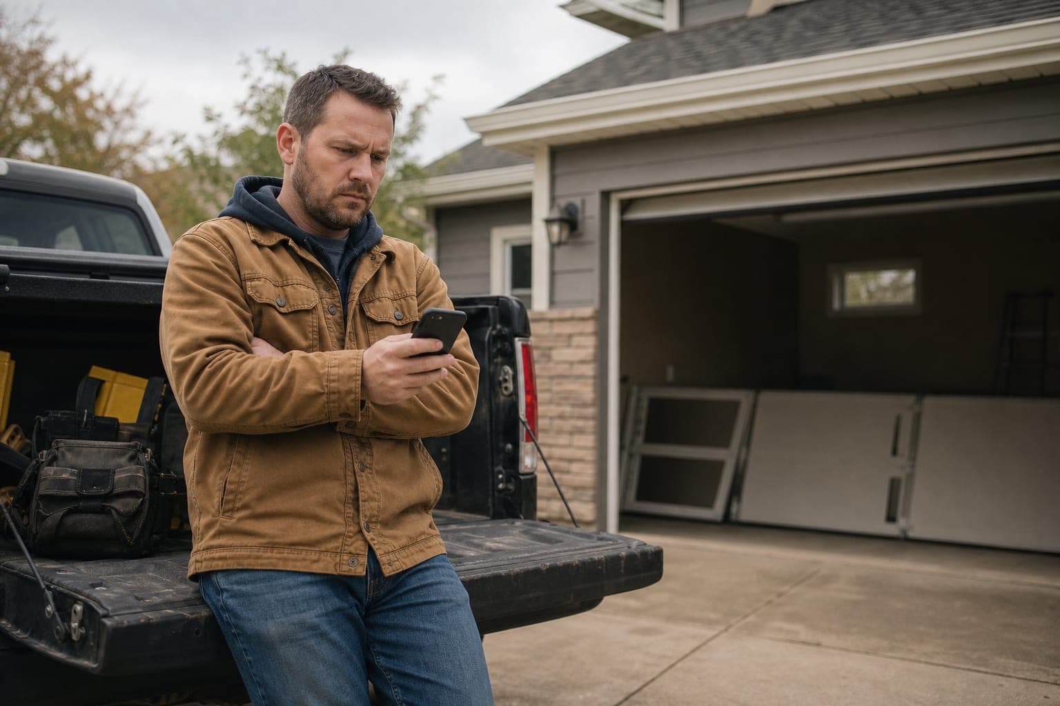 A garage door company owner leans against the open tailgate of his work truck in a suburban driveway, arms crossed, looking skeptically at his phone.