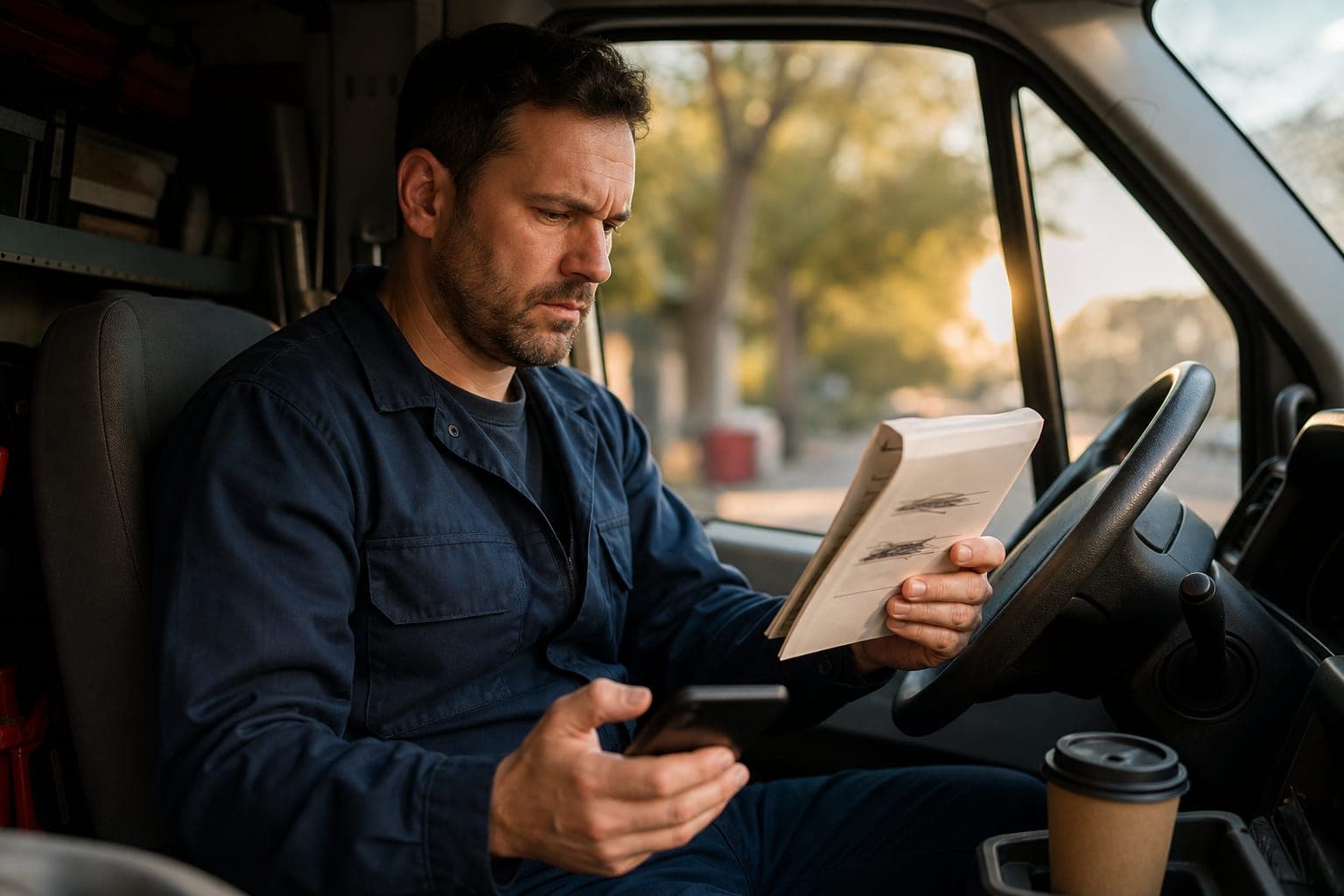 An appliance repair technician sits in his service van early in the morning with a coffee, frowning at a paper planner with two overlapping entries.