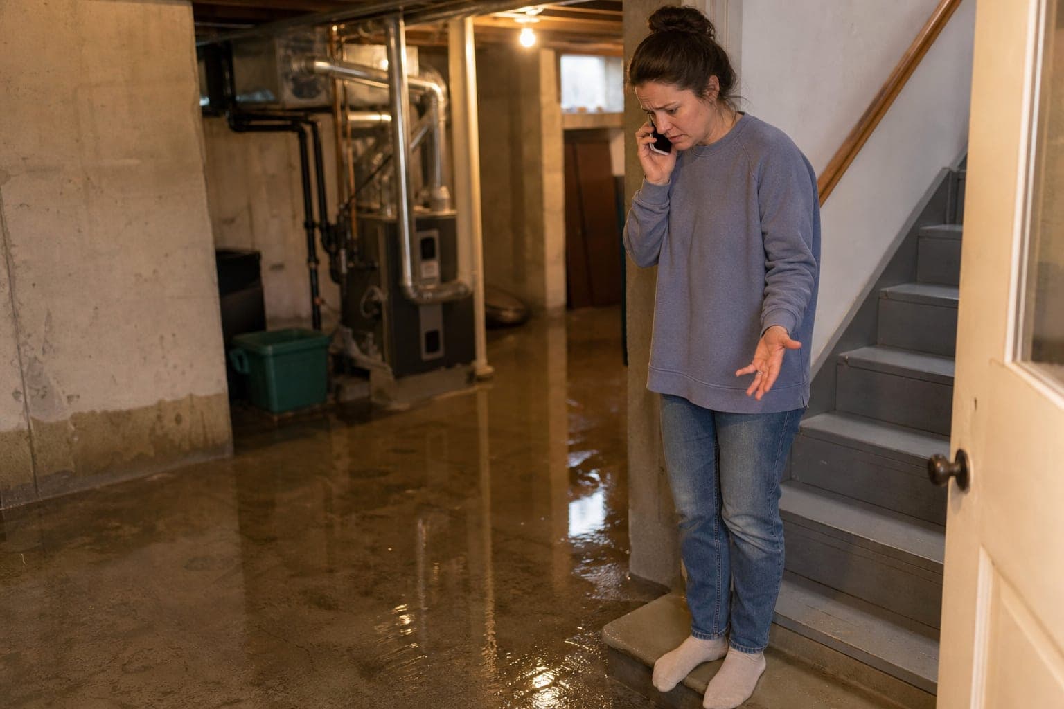 A homeowner in socks stands on the bottom step of a basement staircase, phone to her ear, looking at water spreading across the floor.