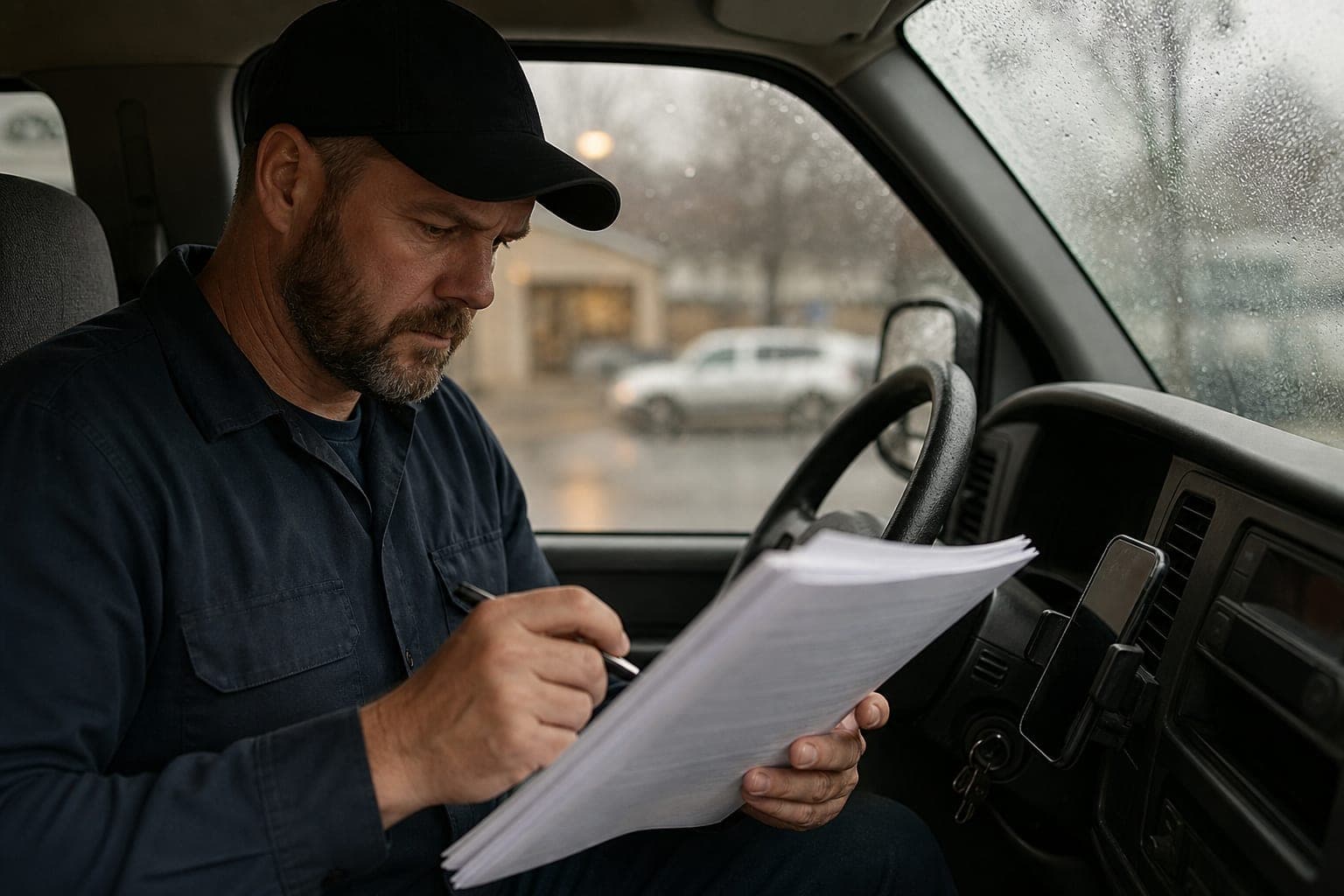 A plumbing company owner sits in his truck cab on a rainy day reading a thick printed service contract with a pen in hand and his phone on the dashboard.