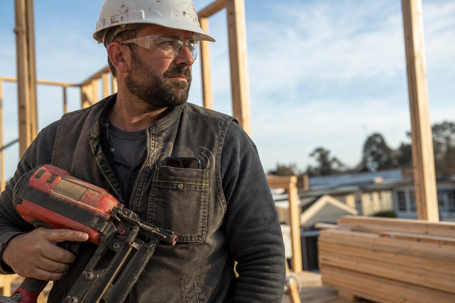 A general contractor in a hard hat and safety glasses holds a nail gun on a framed home addition while his phone buzzes in his vest pocket.