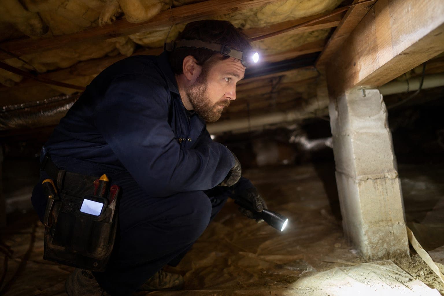 A home inspector in coveralls and a headlamp crouches in a crawlspace while a phone glows in a pouch on his tool belt.