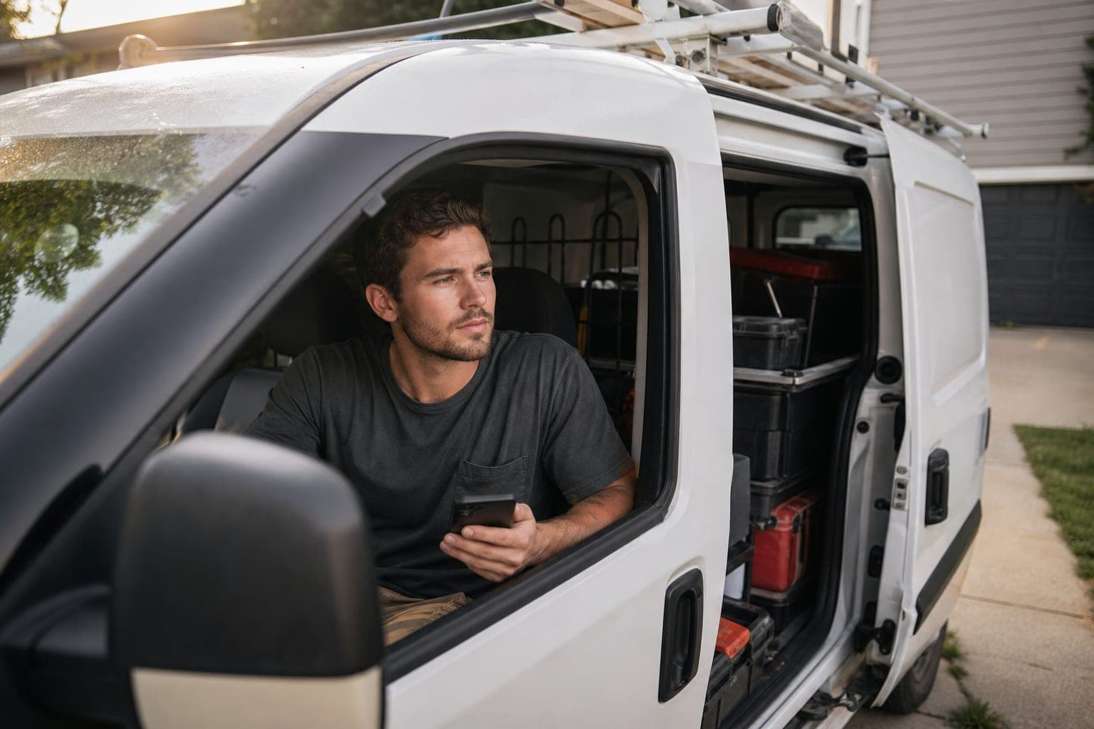 A young electrician who just started his own business sits in the driver seat of a new white work van parked in a driveway, holding his phone and looking out the windshield thoughtfully.