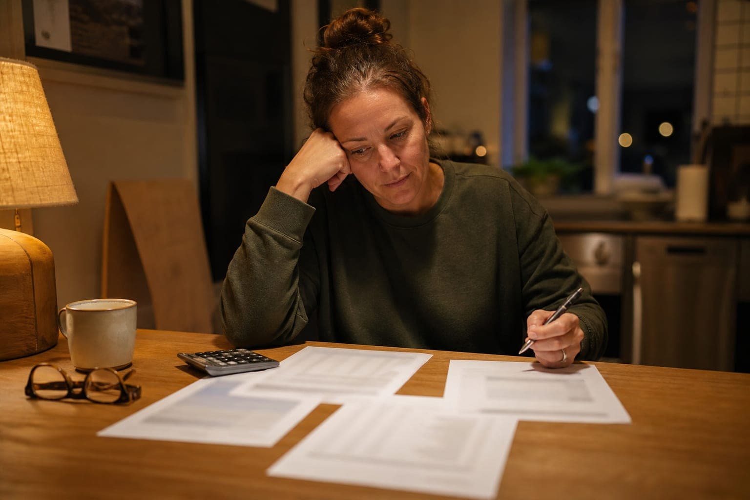 A woman who owns a small cleaning company sits at her kitchen table at night with three printed price sheets spread out beside a calculator, reading glasses and a mug.