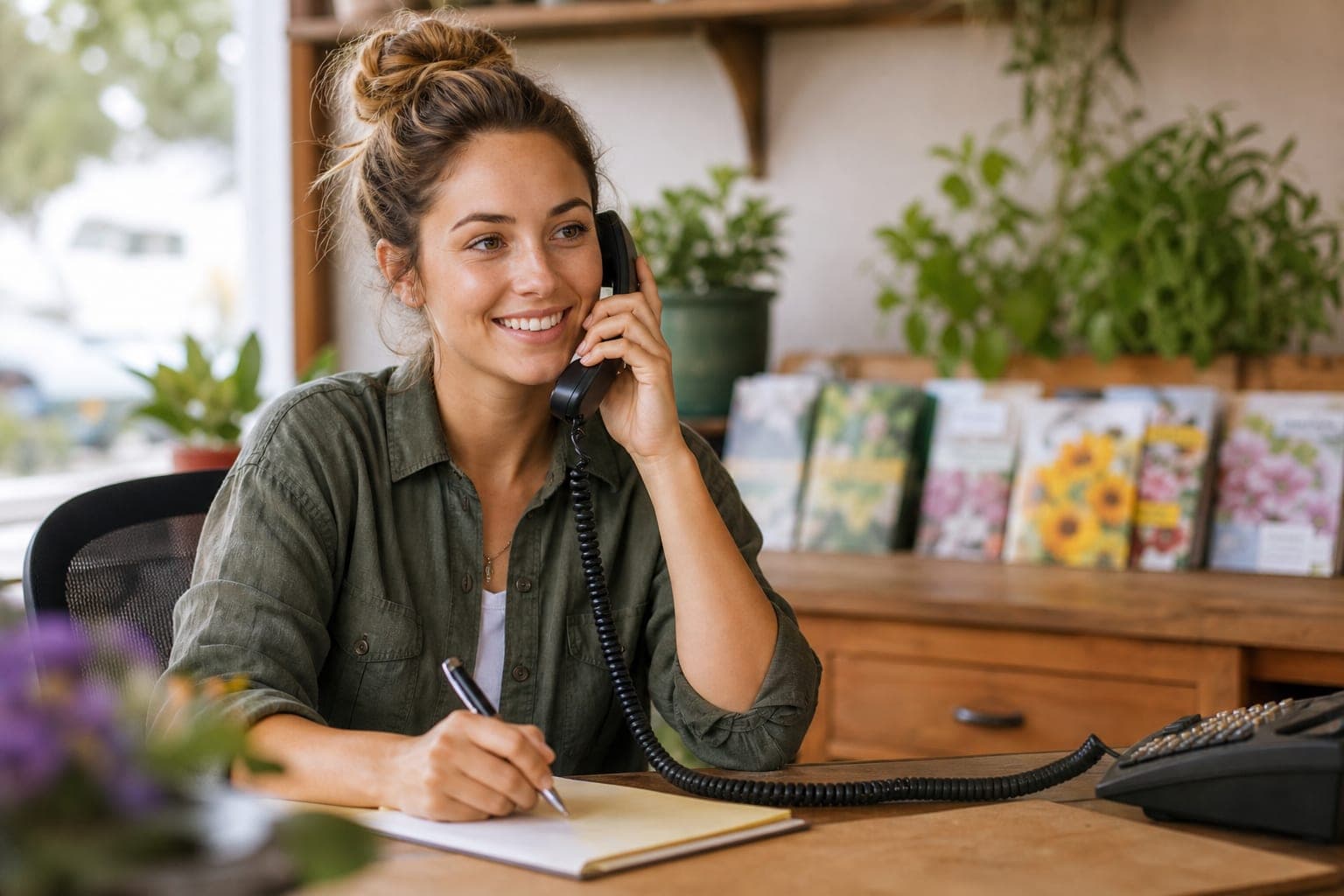 A smiling young office manager at a landscaping company front desk answers a desk phone with a pen and notepad ready, with seed catalogs and potted plants softly blurred behind her.