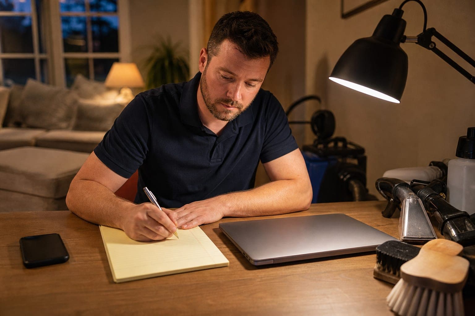 A carpet cleaning business owner sits at a home office desk on a Sunday evening with a closed laptop, a handwritten notepad listing services and prices, and his phone beside it.