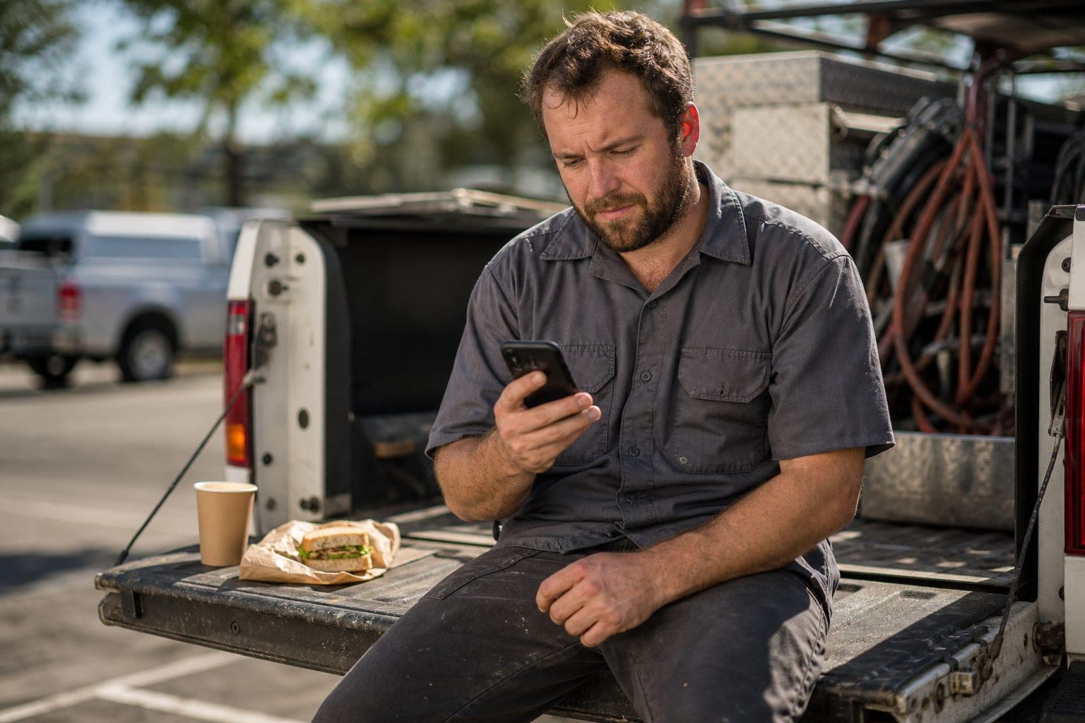 An HVAC technician sits on the open tailgate of his service truck at lunchtime, frowning at his phone while reading a long message, with a half-eaten sandwich and a paper cup beside him.