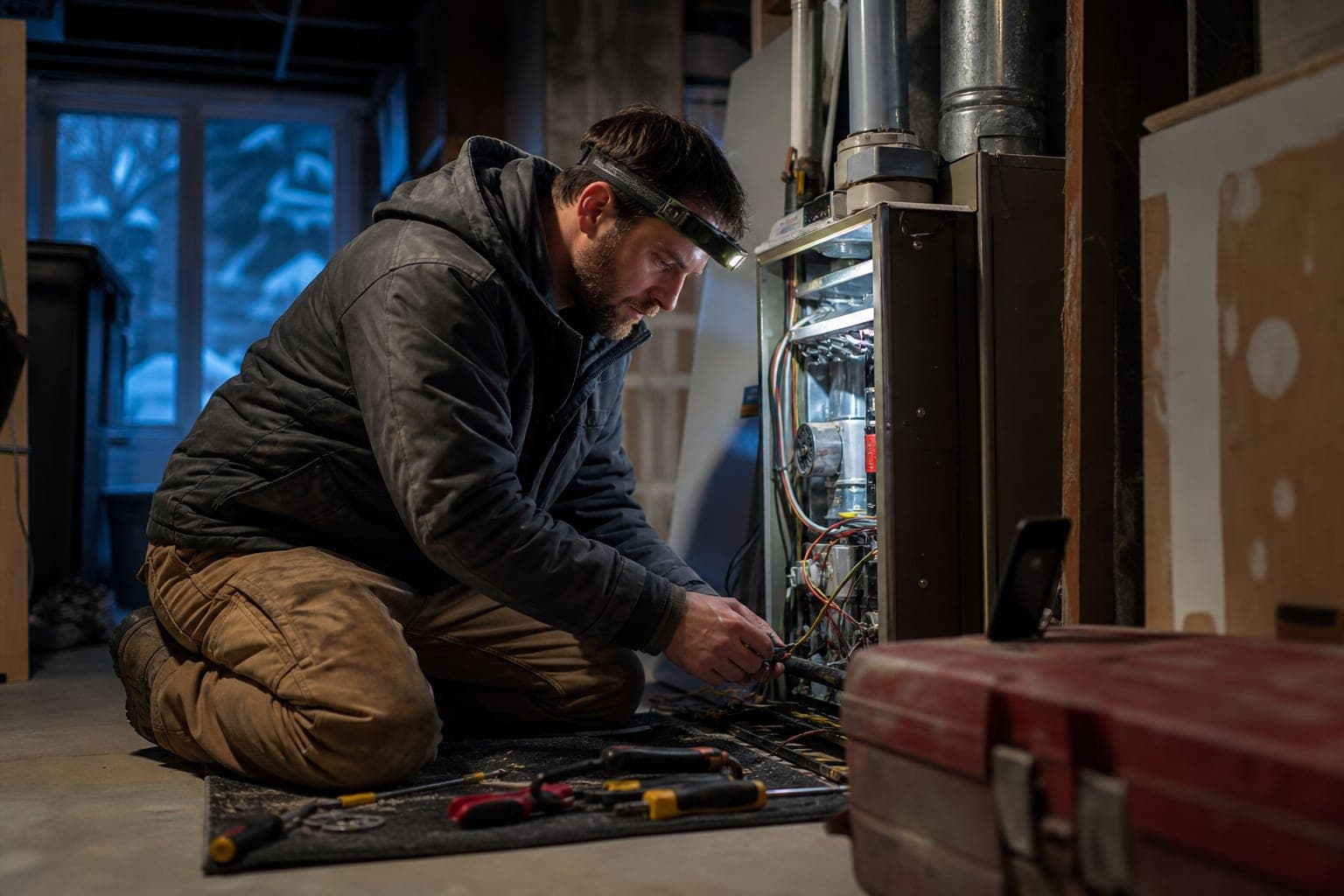 An HVAC technician in a winter jacket and headlamp kneels beside an open residential furnace in a dim basement late at night, his phone propped on a toolbox.