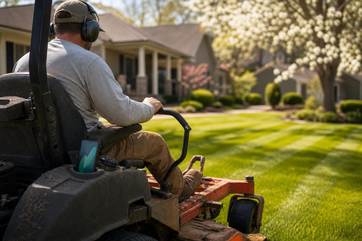 A lawn care operator wearing ear protection mows a striped lawn on a zero-turn mower while a phone lights up in the cup holder.