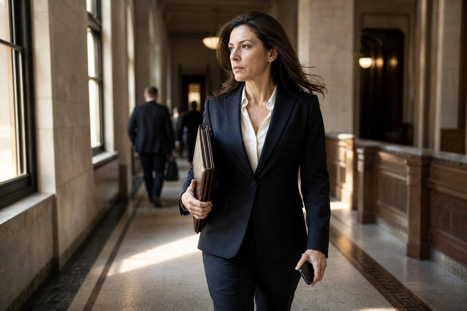 An attorney in a dark suit walks down a courthouse hallway between hearings, holding a leather folio and a phone.