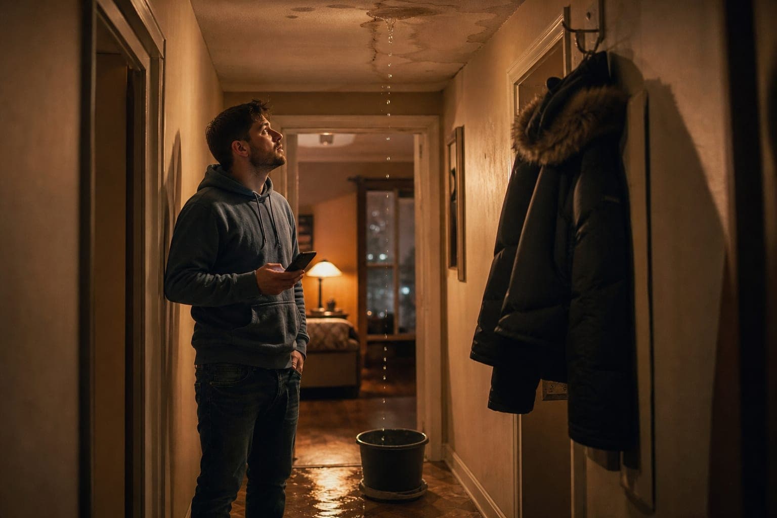 A tenant in a hoodie stands in an apartment hallway at night, phone in hand, looking up at water dripping from a stained ceiling into a bucket.