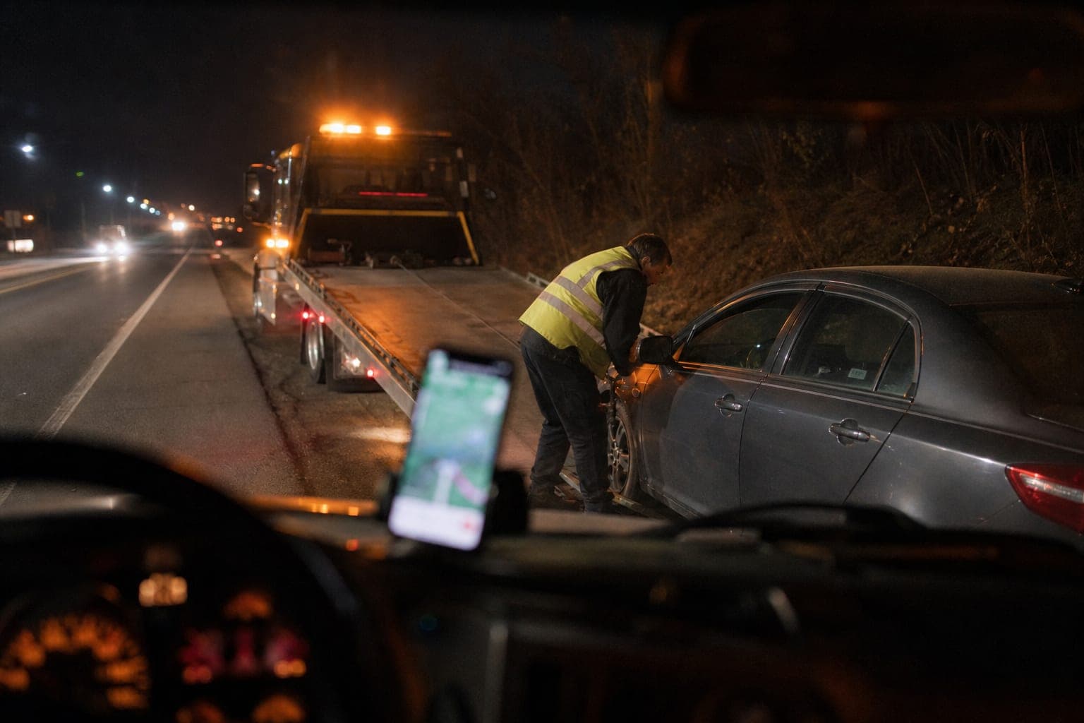 A tow truck operator in a reflective safety vest hooks a disabled sedan to a flatbed on a highway shoulder at night with amber lights flashing, while a phone glows in a dashboard mount inside the truck cab.