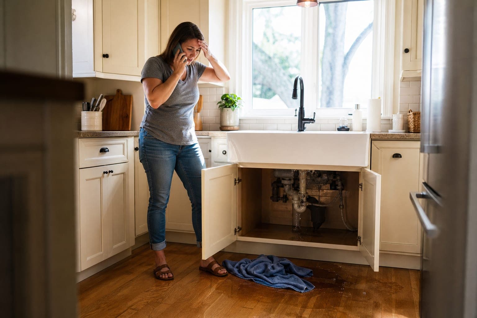 A homeowner stands in her kitchen beside an open under-sink cabinet with a towel on the wet floor, holding a phone to her ear with an exasperated expression.