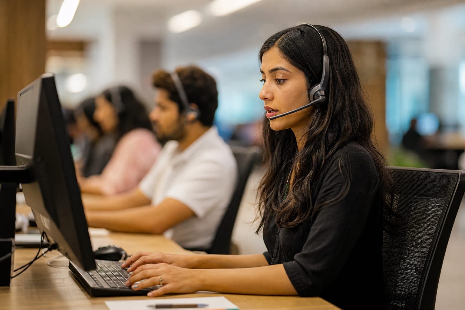 Call-center agents wearing headsets work at a row of desks, one typing a message while speaking with a caller.