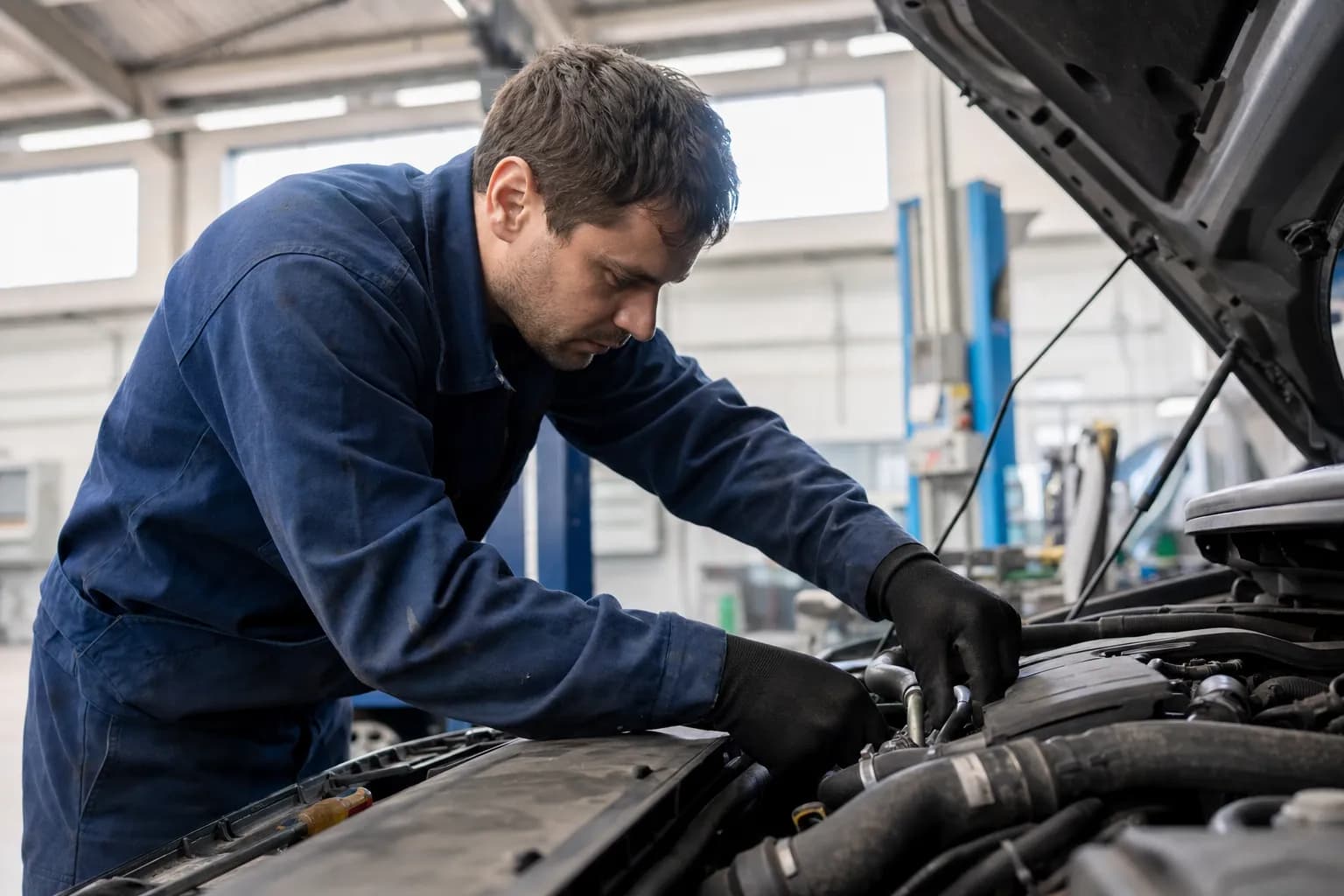 Auto mechanic working under the hood of a car while Callbook answers incoming customer calls