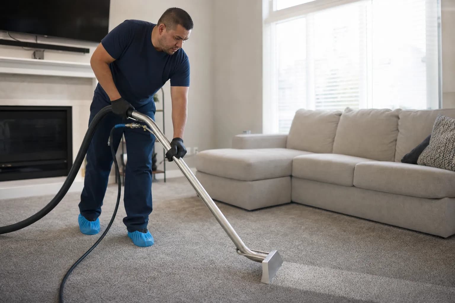 Carpet cleaning technician operating a professional extraction machine while Callbook answers incoming customer calls