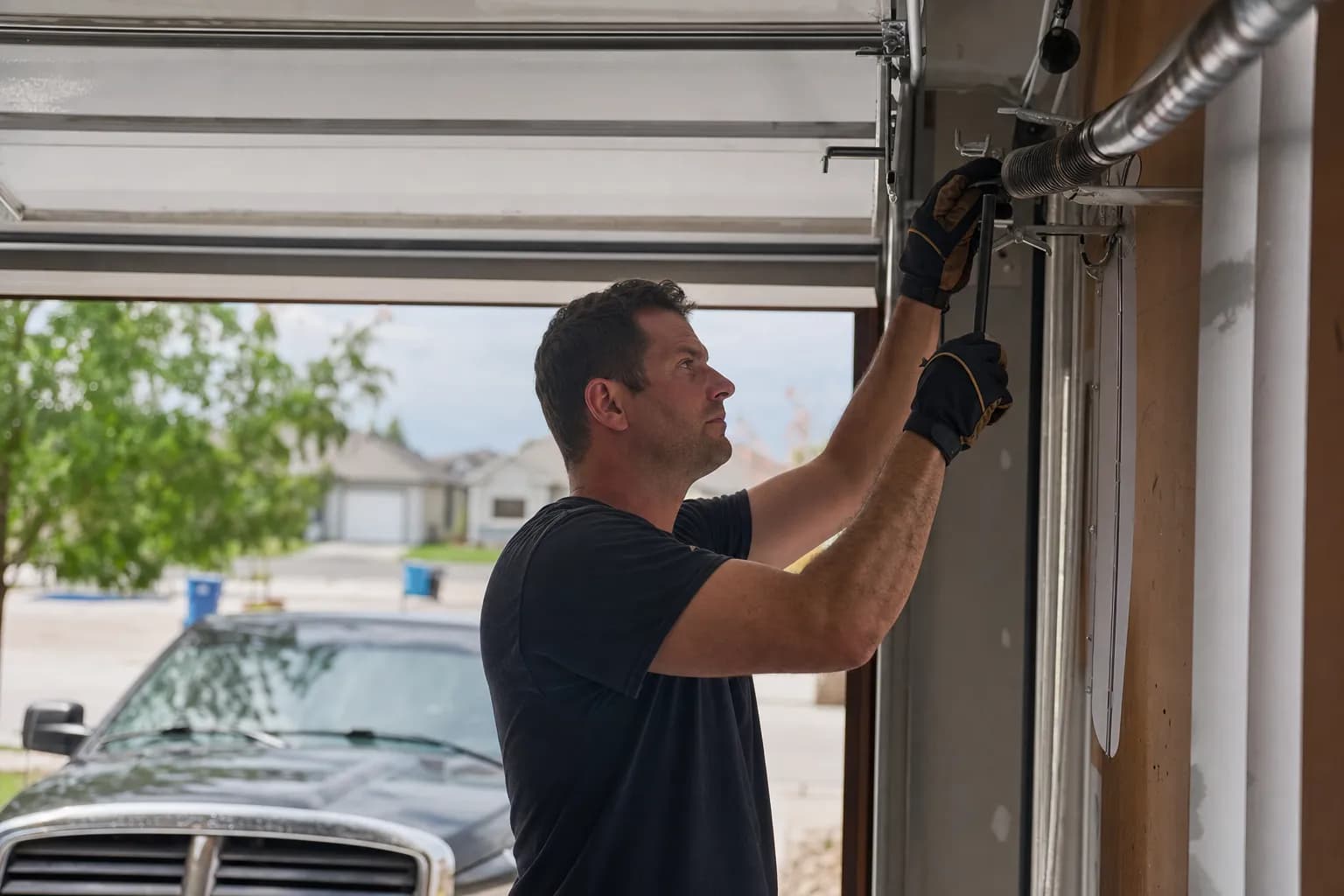 Garage door technician replacing a torsion spring while Callbook answers incoming emergency calls