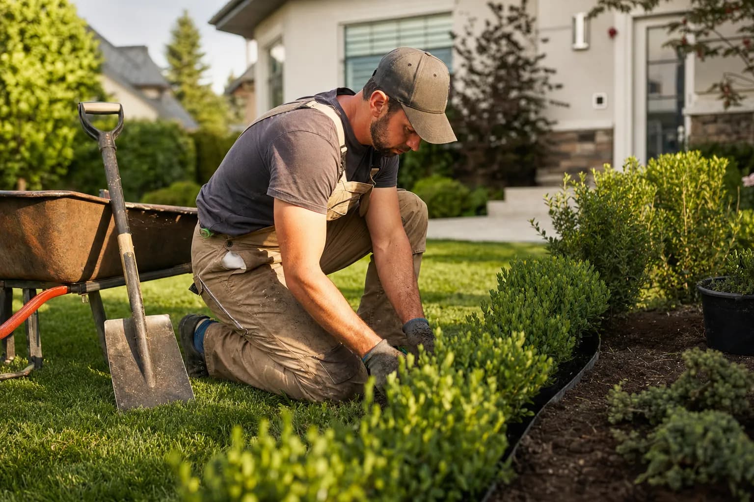 Landscaping crew mowing and trimming a property while Callbook answers incoming estimate and service calls