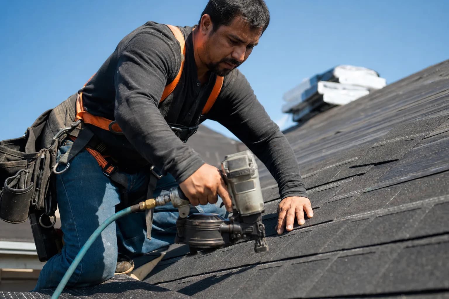 Roofing crew working on a residential roof while Callbook answers incoming storm-damage and leak calls