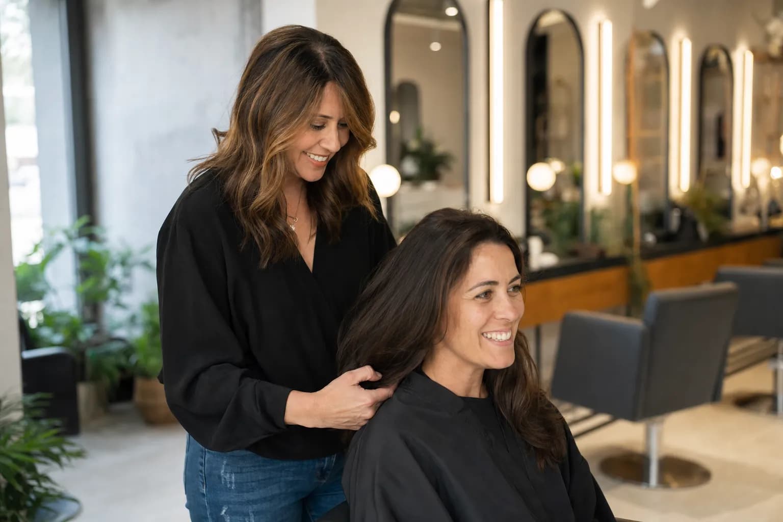 Hair stylist working with a client in a modern salon while Callbook answers incoming booking calls