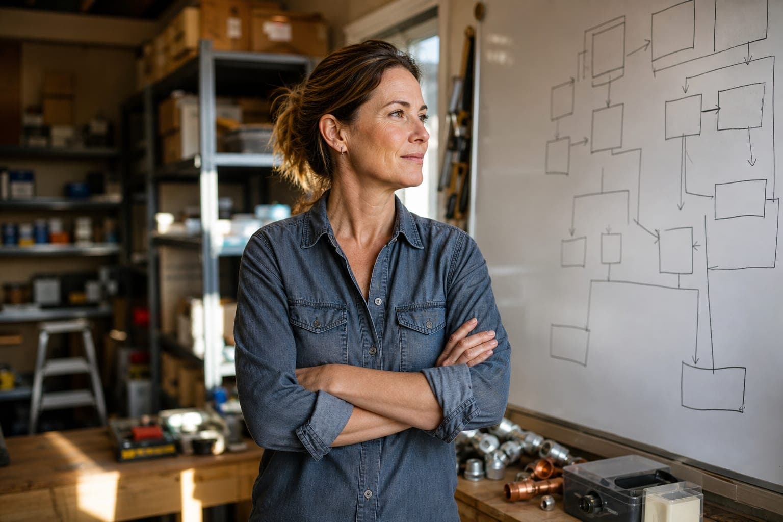 The owner of an HVAC company stands with her arms crossed beside a whiteboard covered in a hand-drawn branching flowchart.