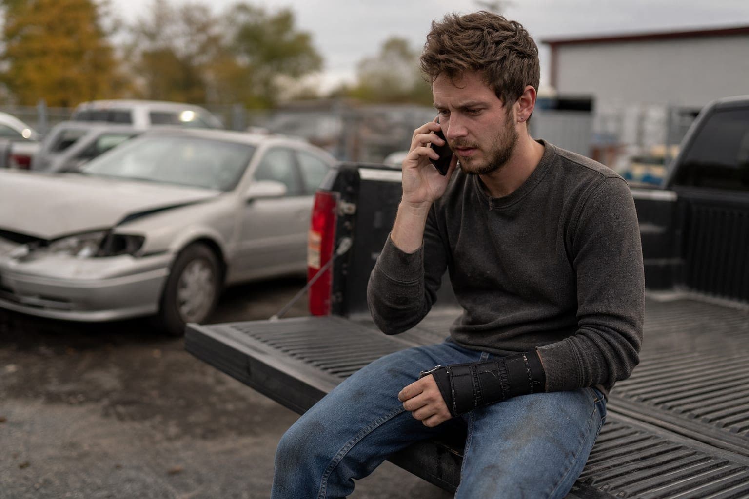 An injured driver with a wrist brace sits on a truck tailgate in a tow yard, making a phone call, with a damaged sedan behind him.