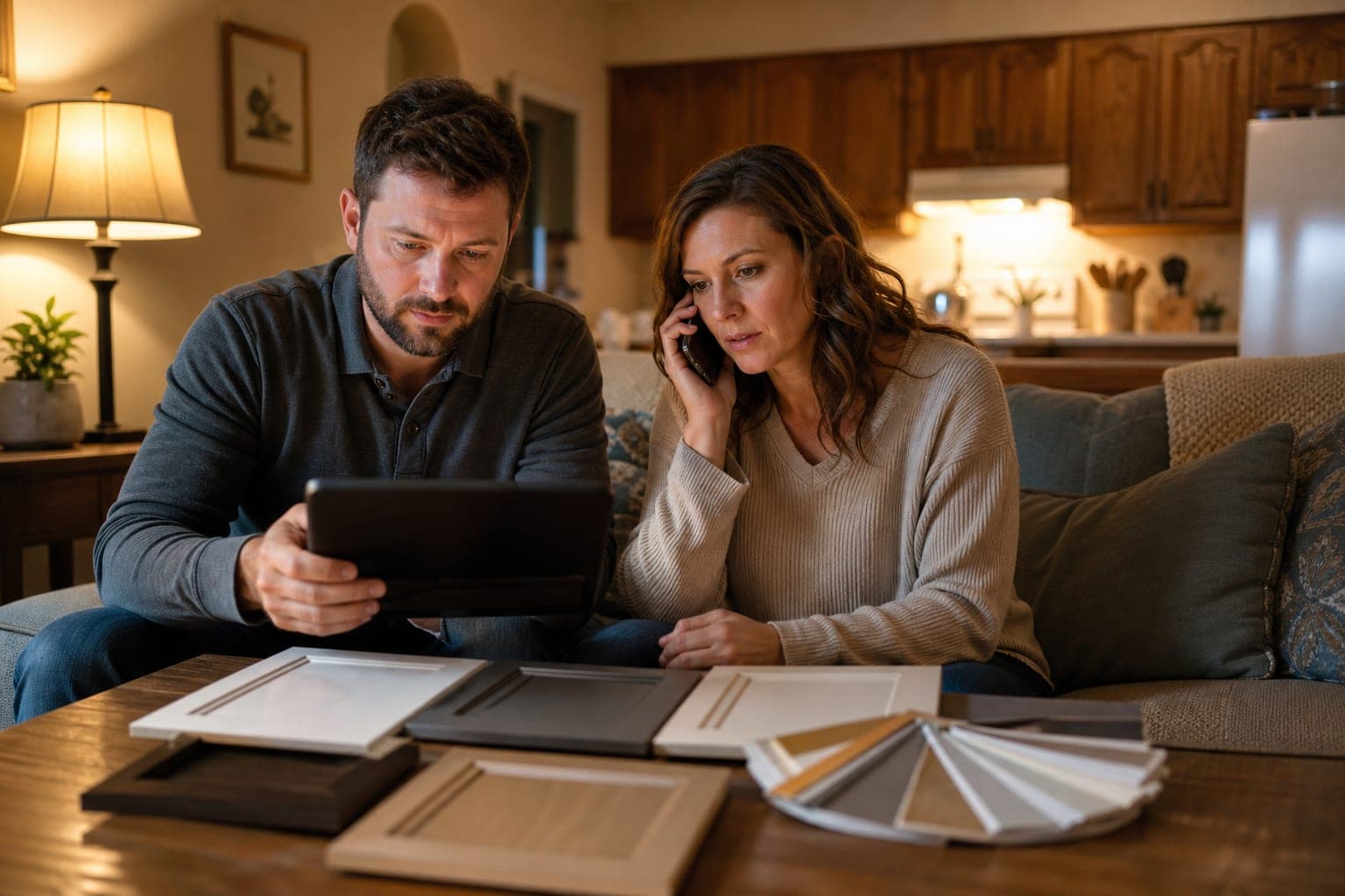 A couple sits on a couch in the evening with kitchen cabinet samples spread on the coffee table while she calls a remodeler.