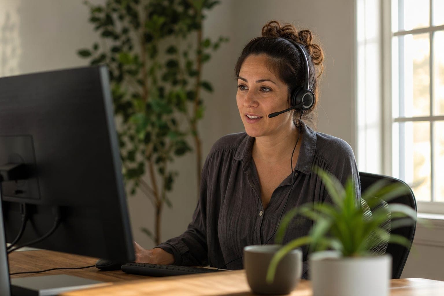 A woman working as a remote receptionist from a tidy home office, wearing a headset and speaking on a call, with a monitor turned away from the camera.