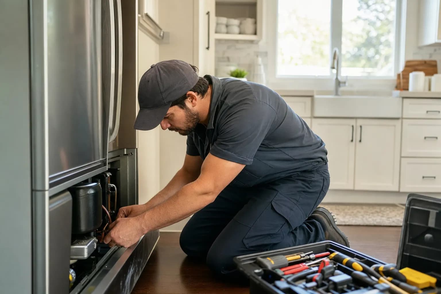 Appliance repair technician repairing a refrigerator while Callbook answers incoming customer calls