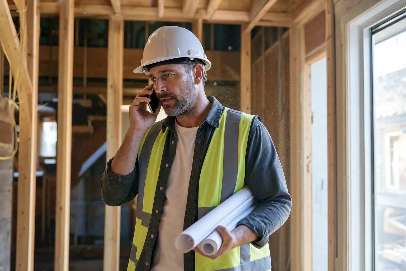 General contractor reviewing framing on an active jobsite while Callbook answers incoming project calls