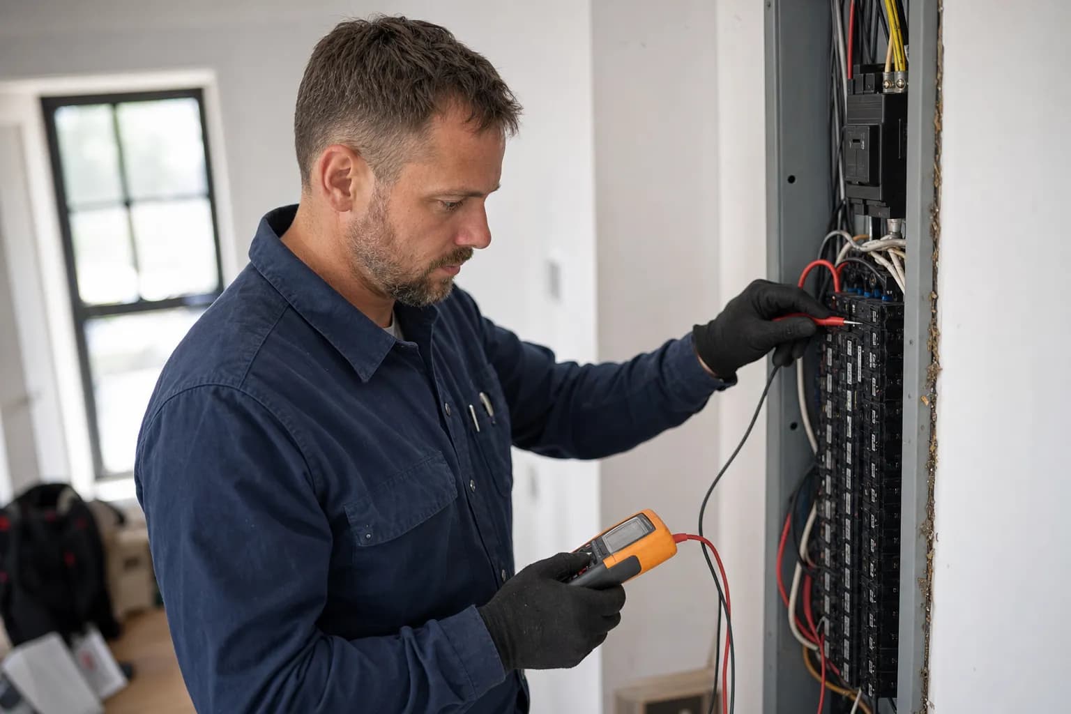 Electrician testing a residential electrical panel while Callbook answers incoming customer calls