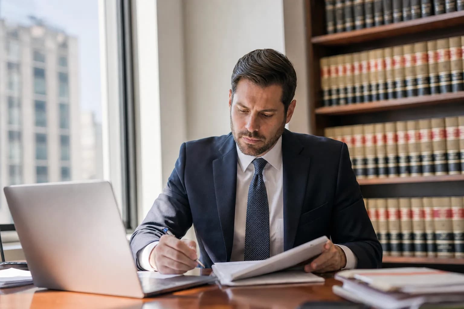 Attorney working at a desk in a modern law office while Callbook handles incoming client intake calls