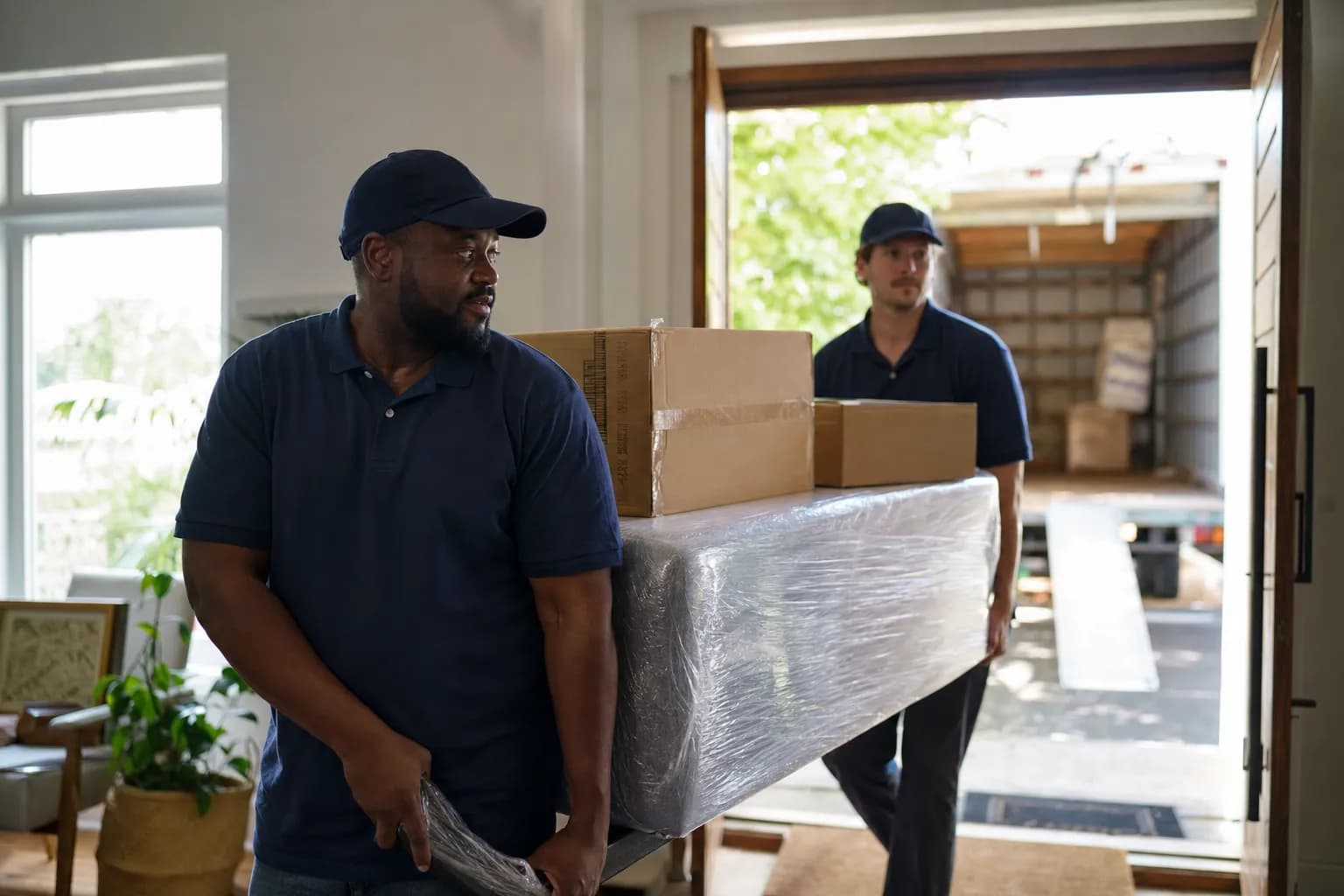 Professional movers carrying boxes into a home while Callbook answers incoming quote requests