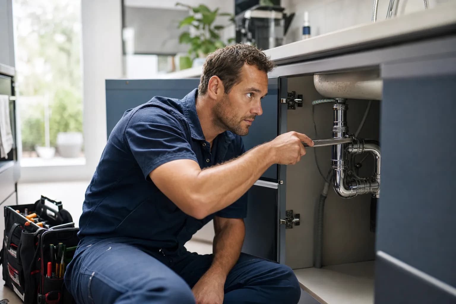 Plumber repairing pipes under a kitchen sink while Callbook answers incoming customer calls