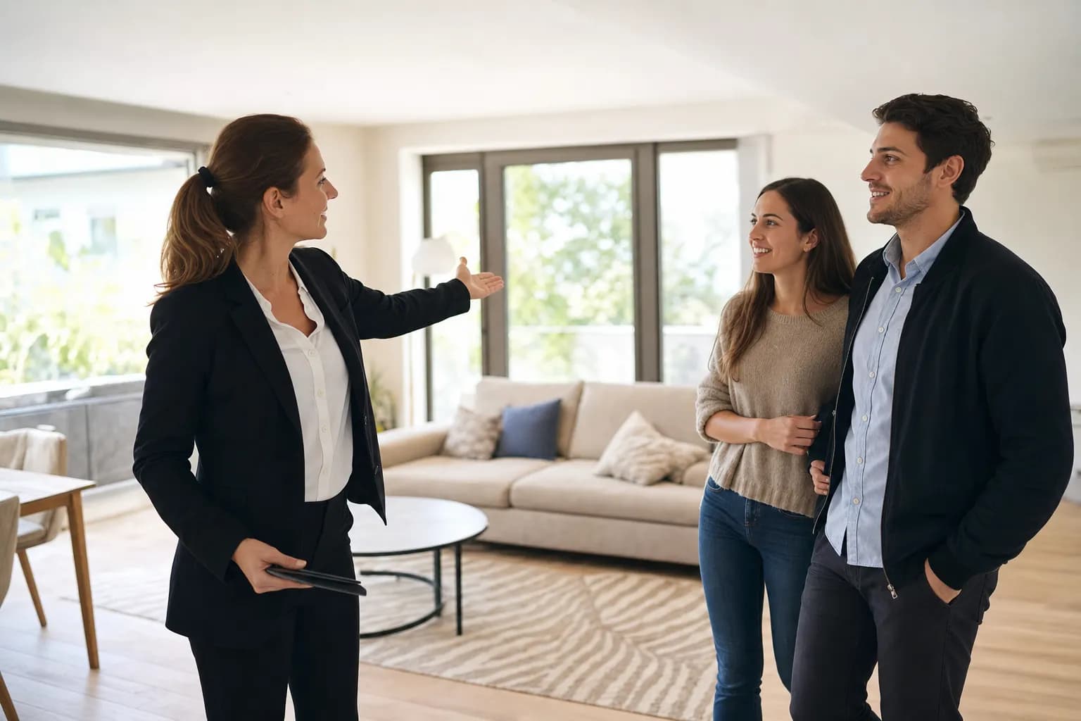 Real estate agent showing a home to a couple while Callbook answers incoming buyer and seller calls