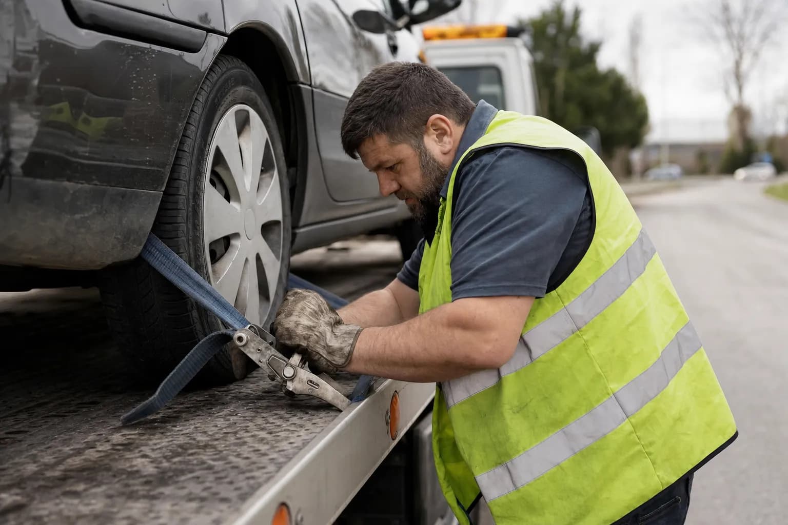Tow truck operator loading a stranded car onto a flatbed on the roadside while Callbook handles incoming calls
