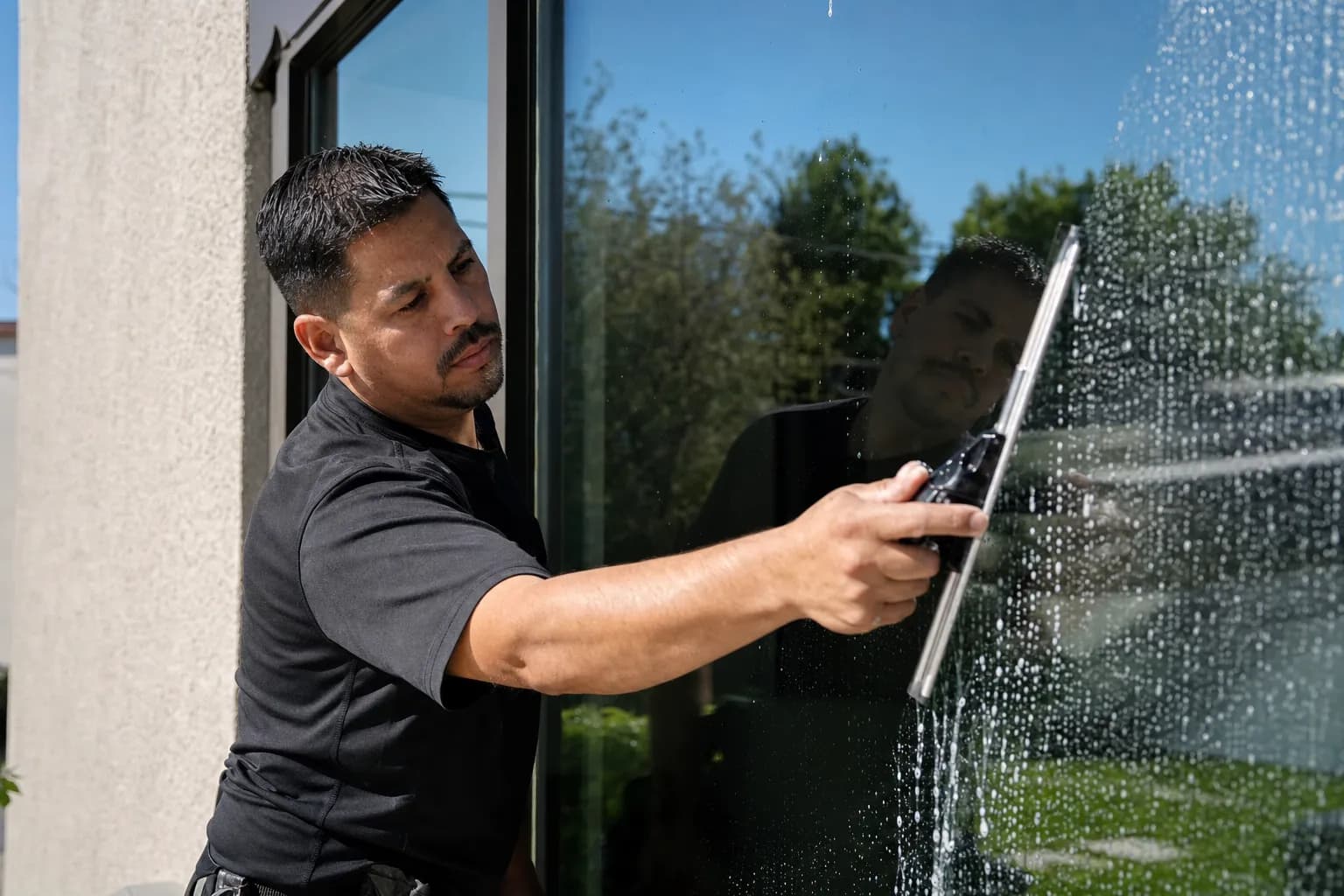 Window cleaner using a squeegee on a large commercial window while Callbook answers incoming quote calls